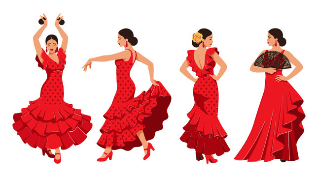 Beautiful flamenco dancer vector illustration set featuring spanish women performing in traditional red polka dot ruffled dresses isolated on white background