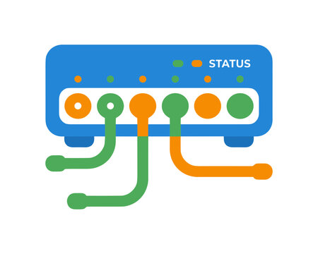 Network switch device, blue orange green, internet connection, flat art