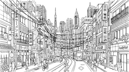 Obraz premium detailed black and white sketch of a busy city street with skyscrapers and shops