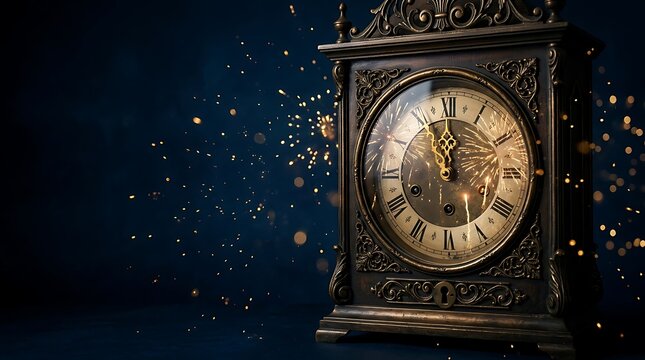 Vintage mantel clock showing midnight with gold festive sparkles on a dark blue background