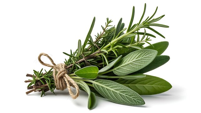 A rustic bundle of fresh green herbs, featuring vibrant rosemary sprigs and broad sage leaves, is neatly tied together with natural twine and isolated against a clean white background.