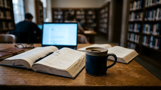 Close-up of a blue ceramic coffee mug and an open textbook on a wooden library table with a laptop and blurred bookshelves in the background during a quiet study session at university.