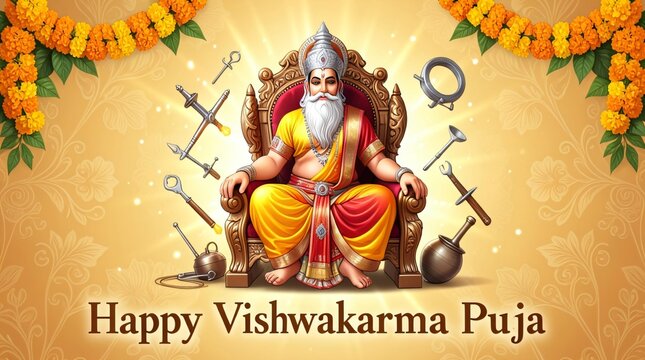 Happy Vishwakarma Puja Greeting with Lord Vishwakarma, Tools and Traditional Decorations