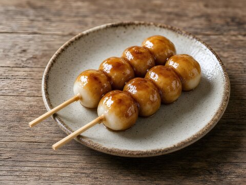 Traditional Japanese Mitarashi Dango Skewered Dumplings