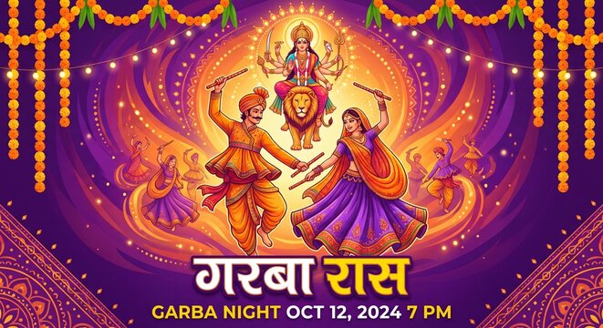 Beautiful couple dancing with dandiya on the celebration of Navratri and durga puja. Translation in english durga