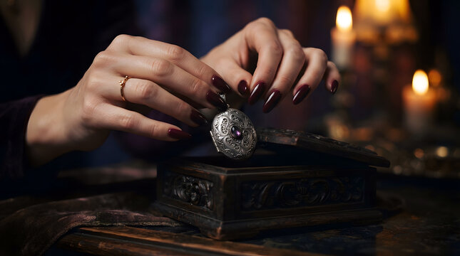 Mystical hands hovering over a glowing crystal ball during a dimly lit fortune telling session