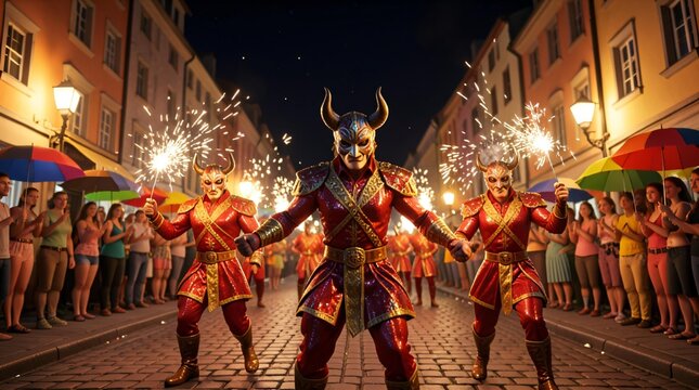 Traditional Horned Masked Dancers Performing at a Fiery Night Festival