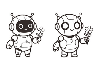 Obraz premium Cute robot characters holding flowers, vector line art illustration for kids coloring page.