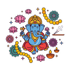 Fototapeta premium Colorful vector illustration featuring Lord Ganesha surrounded by blooming lotus flowers, traditional lamps, and garlands for vibrant festive celebrations