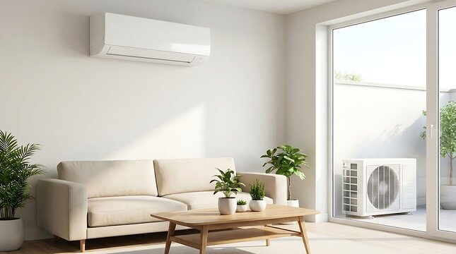 Modern living room with a wall-mounted air conditioner. Outdoor AC unit visible outside window, demonstrating efficient home cooling for comfortable residential interiors