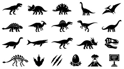 Prehistoric Dinosaur Silhouette Icon Set with Fossil Skeleton Footprint Egg and Volcano Symbols for Educational Projects and Creative Graphic Designs © Md Sakib