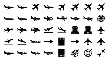 Fototapeta premium Airplane and Aviation Silhouette Icon Set with Commercial Jets, Private Planes, Airport Runways, Takeoff Symbols, and Global Travel Graphic Design Vector Elements