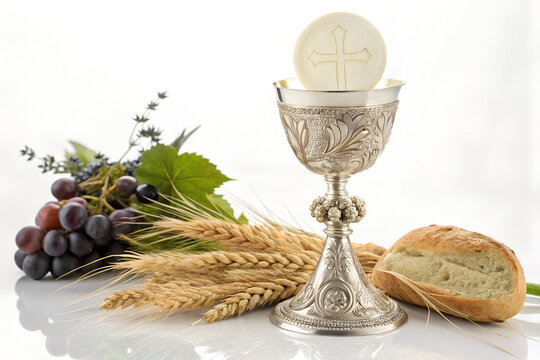 Holy communion chalice with bread, grapes, and wheat ears on white background