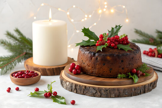 Traditional christmas fruitcake decorated with holly and burning candle