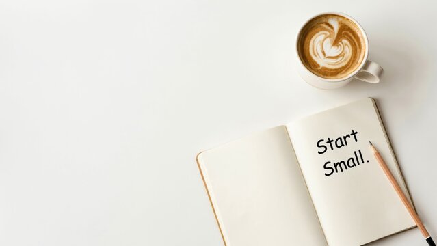 Down view of open notebook with start small text and coffee cup
