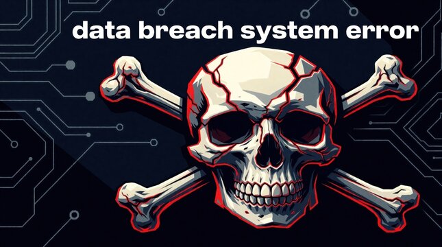Digital skull and crossbones warning graphic with data breach system error text overlay on circuit board background. Cybersecurity threat concept.