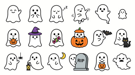 Fototapeta premium Cute Halloween Ghost Vector Illustration Set. 40 Spooky Characters, Pumpkins, Cat, Tombstone. Kawaii Monsters, Oct 31 Party Decorations, Orange and Purple