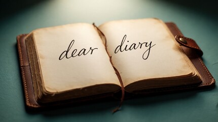 Fototapeta premium Open leather-bound journal with handwritten dear diary text. Old aged paper, rustic style, blank pages for notes. Personal writing, memories, and thoughts.