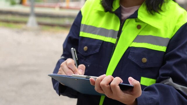 A safety officer is checking on hazardous chemical material checklist for risk assessment before tranportation the dangerous good with train tanker railway background. Industrail working scene.