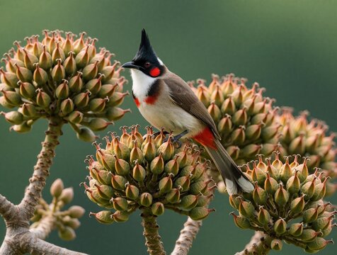 Red whiskered bulbul bird perched on flowering tree branch. Small avian animal with black crest, white throat, and red ear patch. Detailed closeup of wildlife in natural habitat.