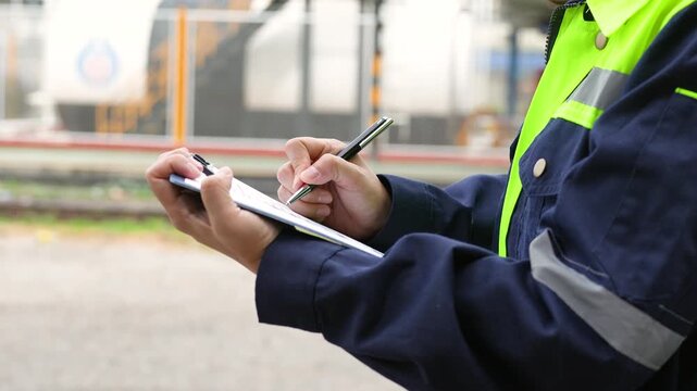 A safety officer is checking on hazardous chemical material checklist for risk assessment before tranportation the dangerous good with train tanker railway background. Industrail working scene.