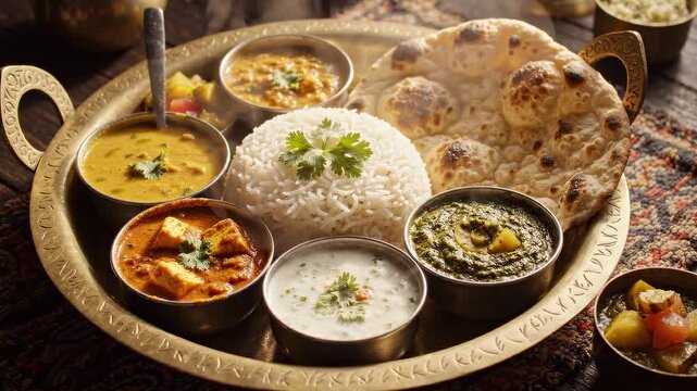 A vibrant and delicious Indian thali meal featuring rice, naan, dal, paneer, and various side dishes served on a traditional brass platter.