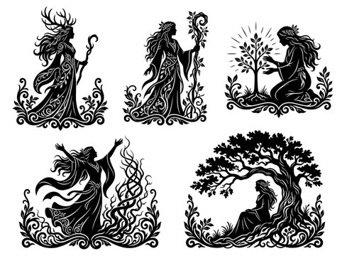 Druid priestess silhouette collection with nature magic and ancient forest symbols