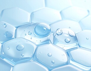 Obraz premium 透明な水滴のある青いガラス質の六角形ハニカム構造