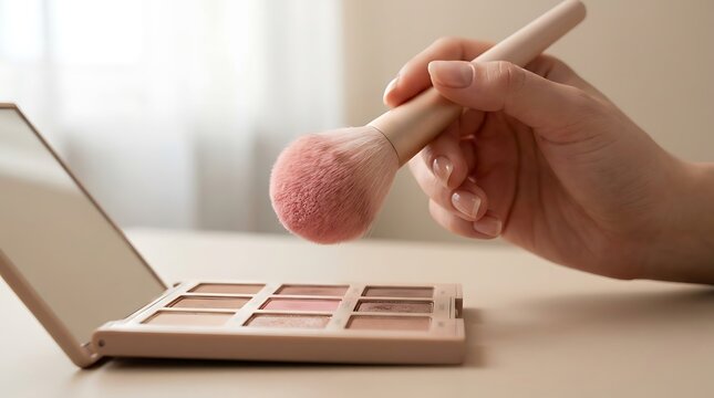 Woman holding a makeup brush applying powder from an eyeshadow palette. simple makeup tutoria