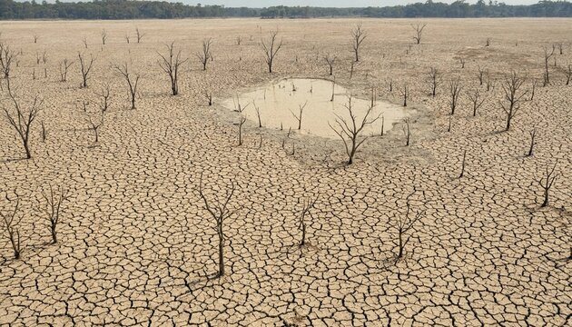 Aerial view of cracked dry soil on dried lake bed during severe drought