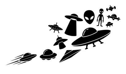 UFO and Alien Silhouette Collection with Flying Saucers, Extraterrestrial Figures, Spacecraft, Abduction Beams, and Cosmic Objects © sobuj