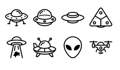 UFO and Alien Icon Set with Flying Saucers, Alien Head, Spacecraft, Abduction Beam, Drone, and Futuristic Symbols © sobuj