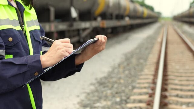 A safety officer is checking on hazardous chemical material checklist for risk assessment before tranportation the dangerous good with train tanker railway background. Industrail working scene.
