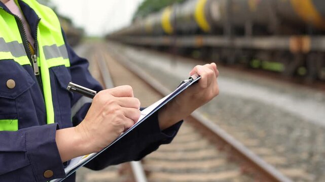 A safety officer is checking on hazardous chemical material checklist for risk assessment before tranportation the dangerous good with train tanker railway background. Industrail working scene.