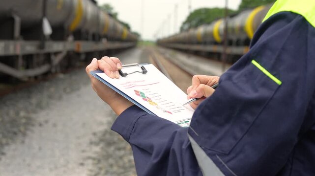 A safety officer is checking on hazardous chemical material checklist for risk assessment before tranportation the dangerous good with train tanker railway background. Industrail working scene.