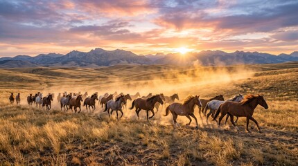 Fototapeta premium Herd of wild horses running in golden sunset field. Dusty plains with mountains background. Majestic wildlife galloping in freedom at dusk