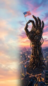Vibrant cityscape during sunset featuring a striking artistic sculpture of a robotic hand holding an American flag with colorful sky and urban skyline in the background