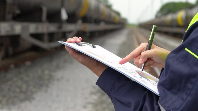 A safety officer is checking on hazardous chemical material checklist for risk assessment before tranportation the dangerous good with train tanker railway background. Industrail working scene.