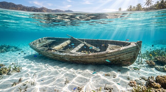 Underwater photo of old wooden boat submerged in tropical sea. Sunlight penetrating surface waves. Ocean adventure, marine life, coral reef, vacation concept.