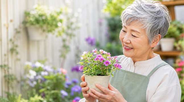 庭で鉢植えの花を愛おしそうに見つめるシニア女性のガーデニング