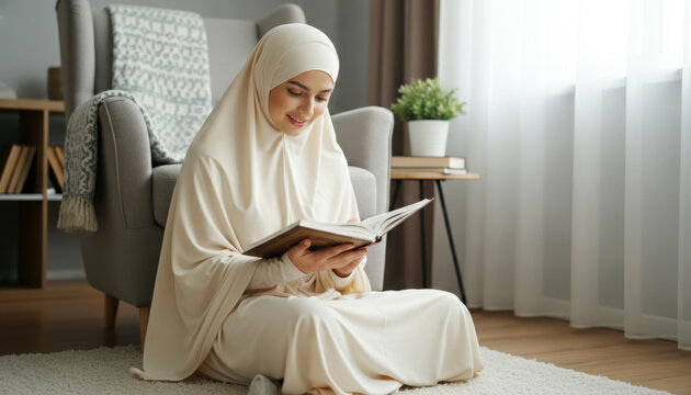 Young caucasian muslim woman reading quran in peaceful home setting