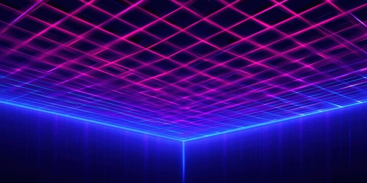 Neon grid perspective background with glowing blue and pink lines for synthwave retro cyberpunk banner and poster design