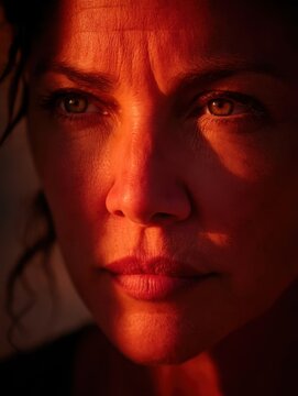 Close up dramatic warm red light portrait of a woman showing facial texture and emotion for editorial beauty study and cinematic background