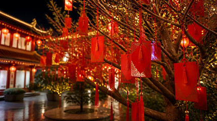 Fototapeta premium Festive lanterns and red envelopes adorning a decorated tree in a traditional Asian setting during a lively celebration night