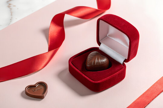 Heart shaped chocolate truffle candy inside an open red velvet jewelry box