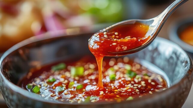 Spicy asian sauce with sesame seeds and green onions in ceramic bowl