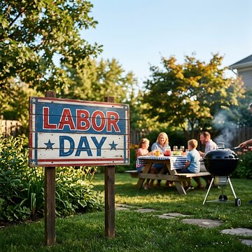 Celebrating Labor Day with a festive outdoor gathering featuring family and friends enjoying a barbecue in a lush green yard symbolizing relaxation and community spirit during a holiday occasion