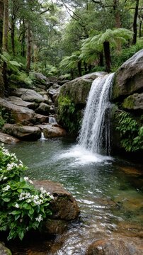 New Zealand Flowers Week. Serene forest waterfall with lush greenery and tranquil pool