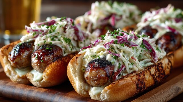 Grilled sausage sandwiches with coleslaw topping on wooden board