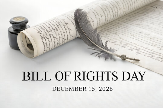 Bill of rights day conceptual image with antique scroll and feather pen